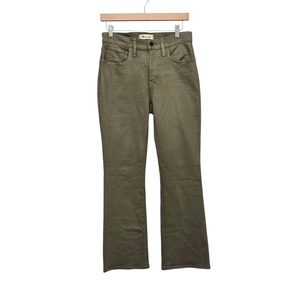 Madewell Mid-Rise Kick Out Jeans Waxy Coated Olive Green Flare Size 27 Denim